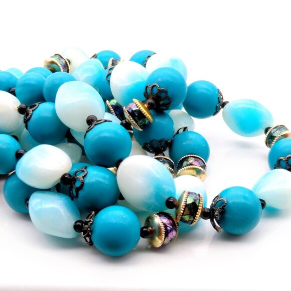 Double Strand Blue and Black Necklace, Mid Century Vintage, Funky Plastic Beads - Picture 4 of 4